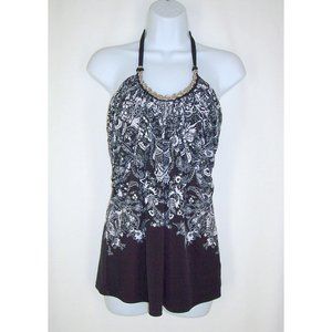 White House Black Market Top S Halter Metal Braid Accent Floral